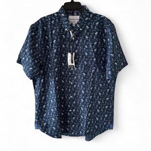 New International Report Tropical Palm Tree Pineapple Navy Blue Shirt Men’s XL